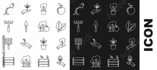 Set line Hand holding flower, Tree hand of environmental protection, Leafs, pot, Garden trowel spade or shovel, rake, Watering can with water and apple icon. Vector