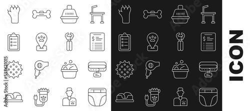 Set line Diaper for dog, Collar with name tag, Grooming salon price list, Pet carry case, Location pet grooming, Paw print and nail clippers icon. Vector