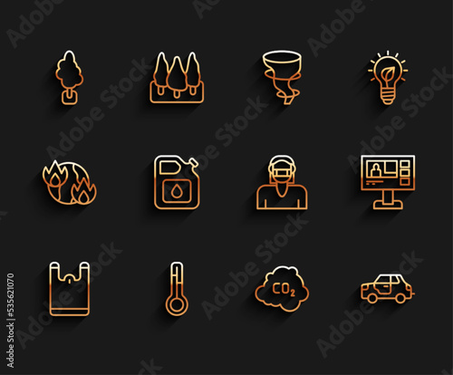 Set line Plastic bag, Meteorology thermometer, Tree, CO2 emissions in cloud, Car, Canister for gasoline, Television report and Face protective mask icon. Vector