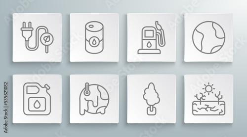 Set line Canister for gasoline, Barrel oil, Global warming, Tree, Drought, Petrol station, Earth globe and Electric saving plug leaf icon. Vector