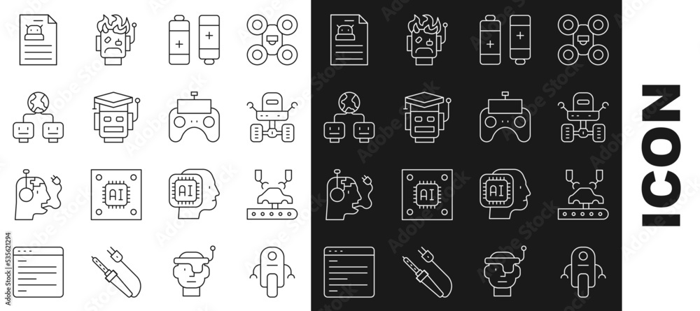 Set line Robot, Robotic robot arm on factory, Mars rover, Battery, Artificial intelligence, Technical specification and Remote control icon. Vector Set line Robot, Robotic robot arm on factory, Mars rover, Battery, Artificial intelligence, Technical specification and Remote control icon. Vector