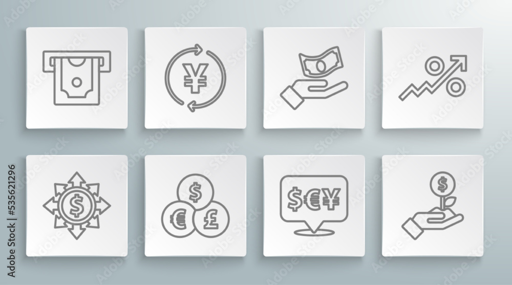 Set line Dollar, share, network, Coin money with Yen, Currency exchange, plant, Hand holding, Percent up arrow and ATM icon. Vector