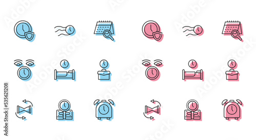 Set line Old hourglass with sand, Time is money, Clock shield, Alarm clock, to sleep, Work time, and flies the icon. Vector