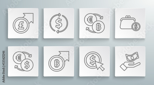 Set line Money exchange, Financial growth and dollar, bitcoin, Coin money with, Hand holding, Cryptocurrency, Wallet coins and pound icon. Vector