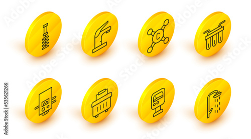 Set line Shower, Pressure water meter, Toolbox, Gas boiler, Water filter, tap, and Toilet brush icon. Vector