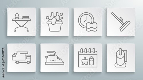 Set line Garbage truck, Basin with soap suds, Electric iron, Cleaning calendar, Toilet paper roll, Washing dishes, Mop and Iron and ironing board icon. Vector