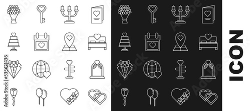 Set line Two Linked Hearts, Wedding arch, Bedroom, Candlestick, Calendar with heart, cake, Bouquet of flowers and Map pointer icon. Vector