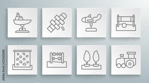 Set line Climbing wall, Hopscotch, Abacus, Forest, Toy train, Swing plane, Volleyball net with ball and boat icon. Vector