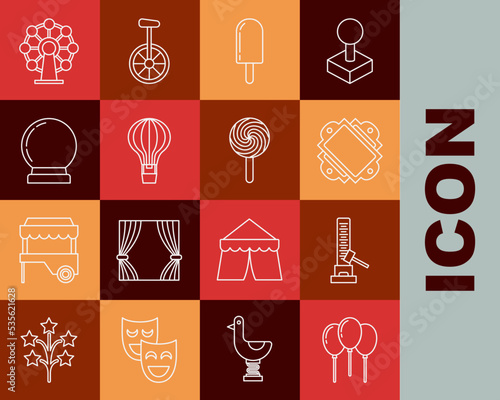 Set line Balloons with ribbon, High striker attraction big hammer, Ticket, Ice cream, Hot air balloon, Magic, Ferris wheel and Lollipop icon. Vector