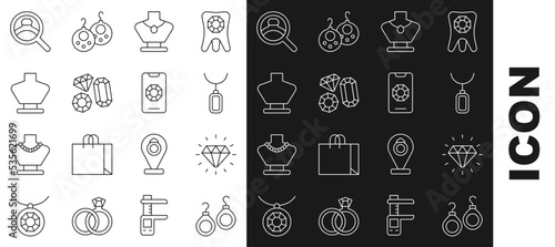 Set line Earrings, Diamond, Pendant necklace, Necklace mannequin, Gem stone, engagement and Jewelry online shopping icon. Vector