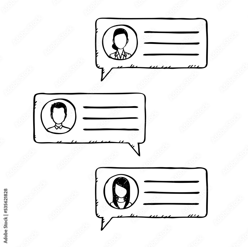 Hand drawn black and white illustration of chat conversation. Doodle ...