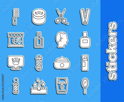 Set line Hand mirror, Shaving gel foam, Aftershave, Scissors hairdresser, Bottle of shampoo, Barbershop building, Hairbrush and Baldness icon. Vector