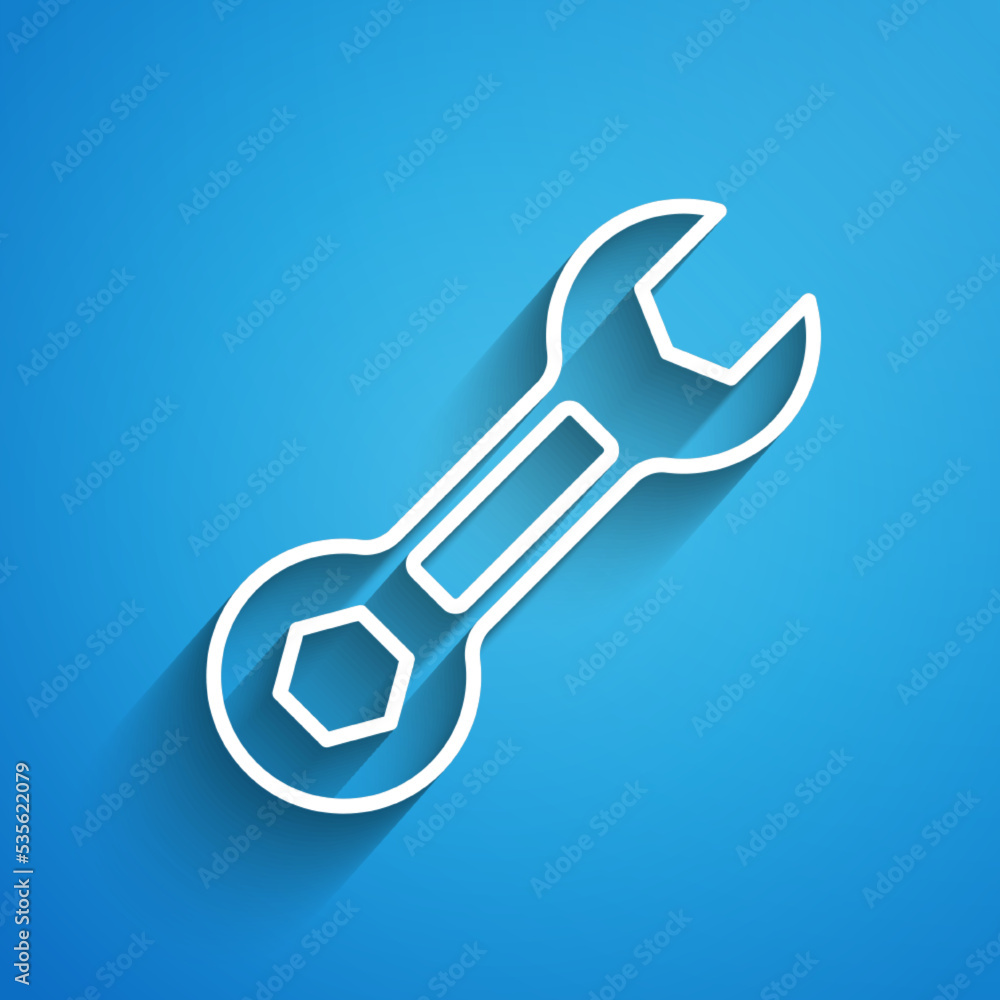 White line Wrench spanner icon isolated on blue background. Long shadow. Vector White line Wrench spanner icon isolated on blue background. Long shadow. Vector
