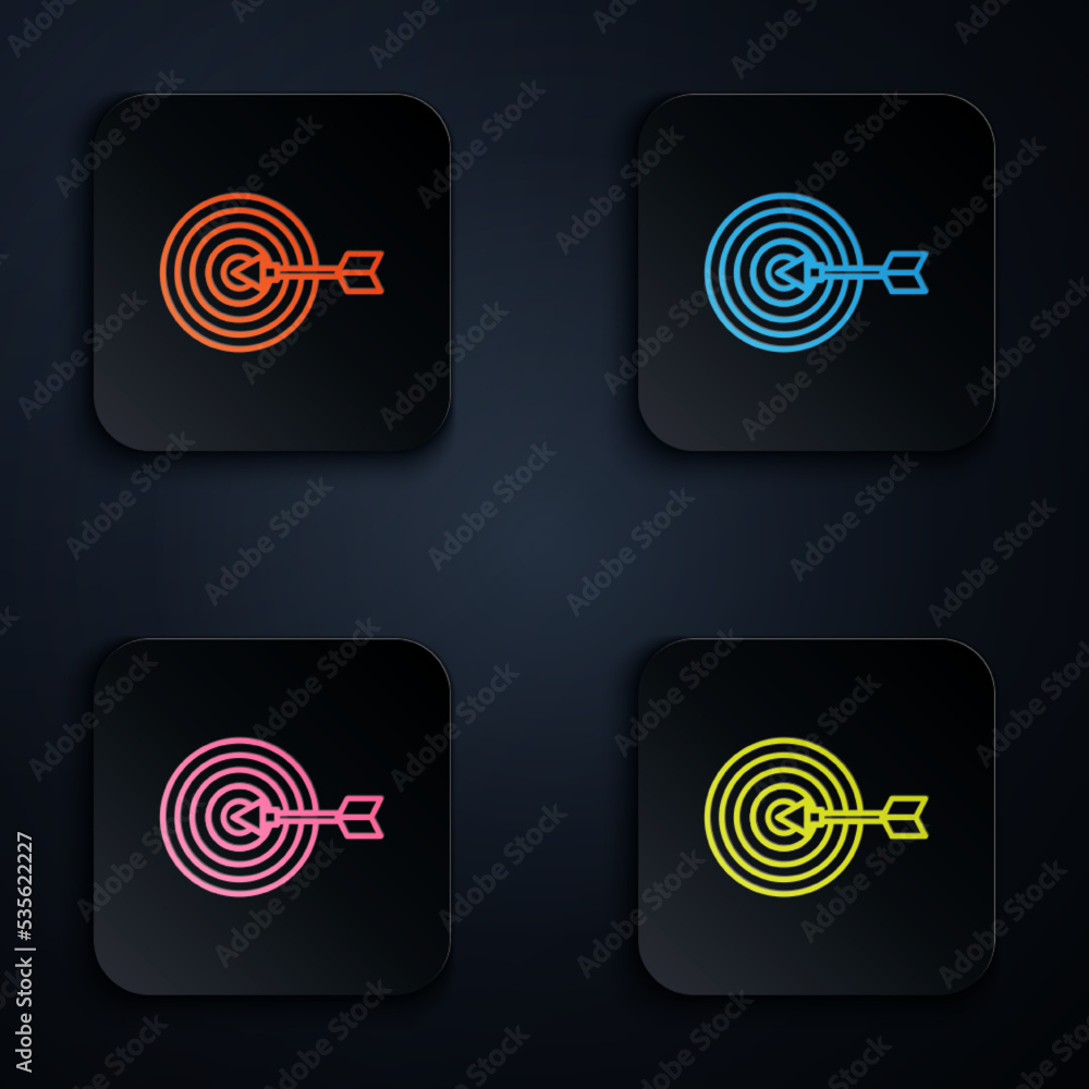 Color neon line Target financial goal concept icon isolated on black background. Symbolic goals achievement, success. Set icons in square buttons. Vector Color neon line Target financial goal concept icon isolated on black background. Symbolic goals achievement, success. Set icons in square buttons. Vector