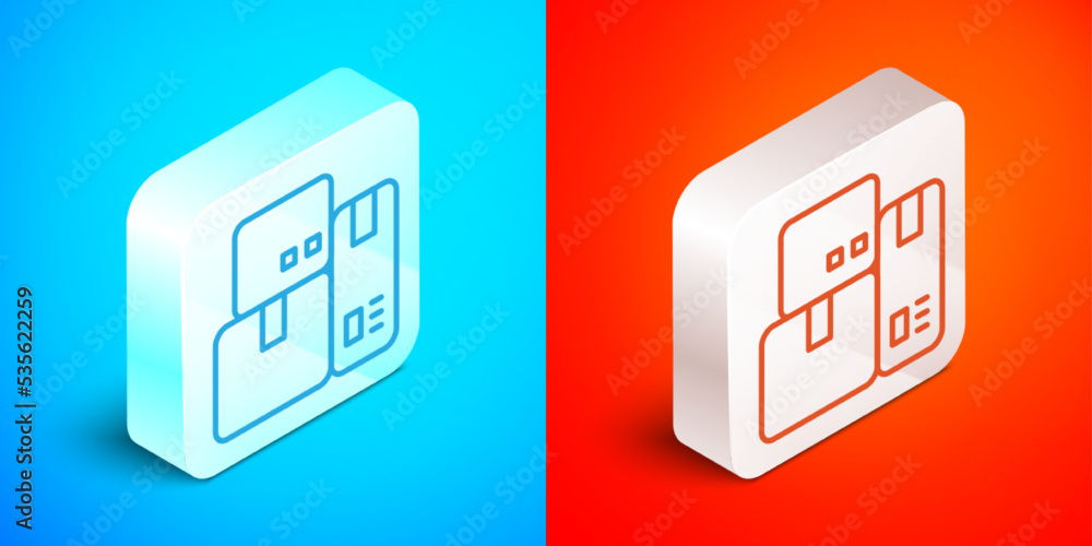 Isometric line Cash register machine with a check icon isolated on blue and red background. Cashier sign. Cashbox symbol. Silver square button. Vector Isometric line Cash register machine with a check icon isolated on blue and red background. Cashier sign. Cashbox symbol. Silver square button. Vector