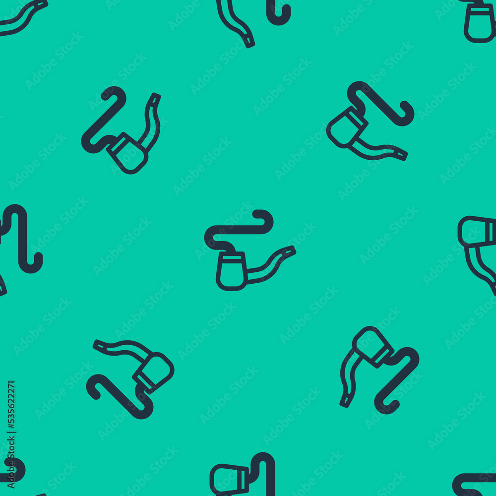 Blue line Smoking pipe with smoke icon isolated seamless pattern on green background. Tobacco pipe. Vector Blue line Smoking pipe with smoke icon isolated seamless pattern on green background. Tobacco pipe. Vector