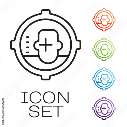 Black line Headshot icon isolated on white background. Sniper and marksman is shooting on the head of man, lethal attack, assault and assassination. Set icons colorful. Vector