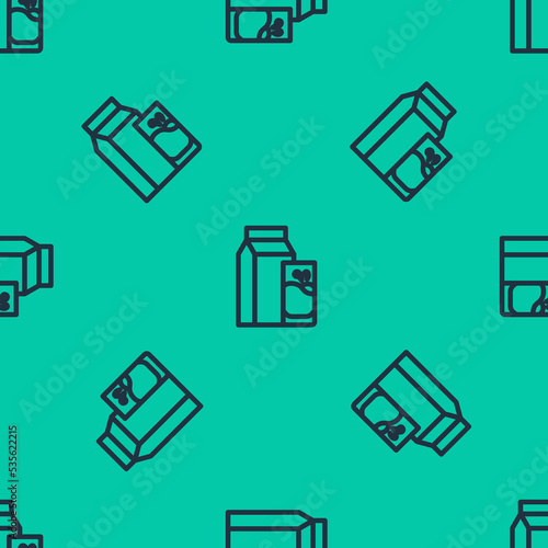 Blue line Paper package for kefir and glass icon isolated seamless pattern on green background. Dieting food for healthy lifestyle and probiotics fulfillment. Vector