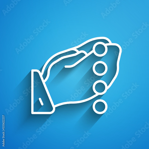 White line Hands in praying position with rosary icon isolated on blue background. Praying hand islam muslim religion spirituality religious. Long shadow. Vector