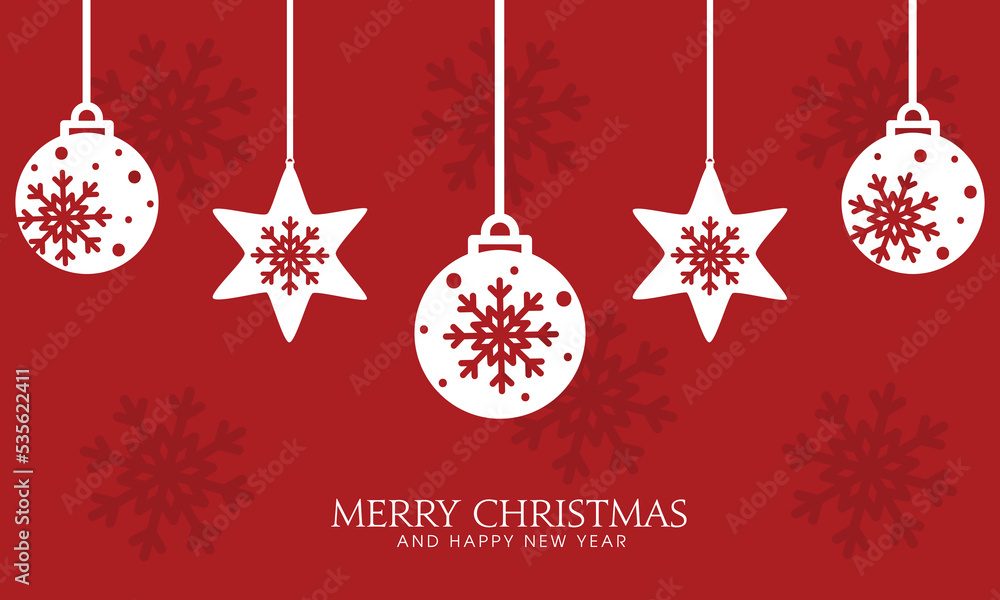 Red celebration christmas card with hanging snowflakes and balls ornaments. Red celebration christmas card with hanging snowflakes and balls ornaments.