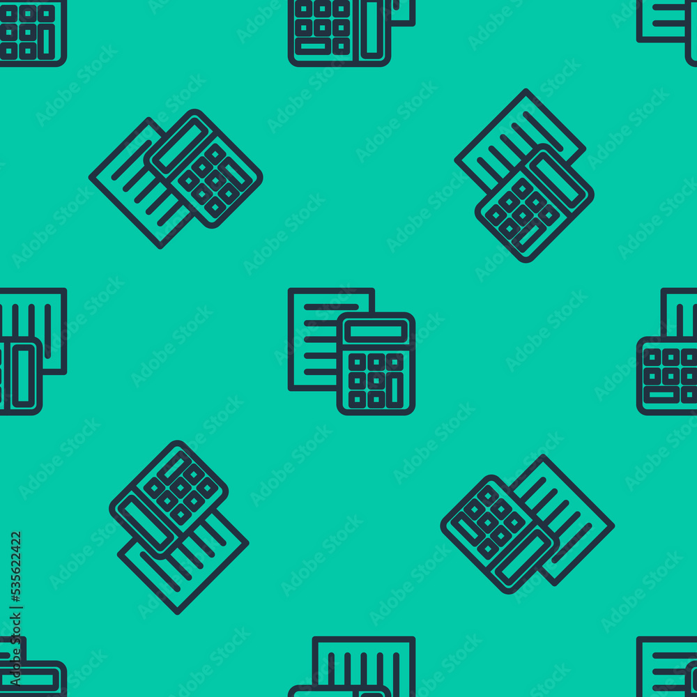 Blue line Calculator icon isolated seamless pattern on green background. Accounting symbol. Business calculations mathematics education and finance. Vector Blue line Calculator icon isolated seamless pattern on green background. Accounting symbol. Business calculations mathematics education and finance. Vector