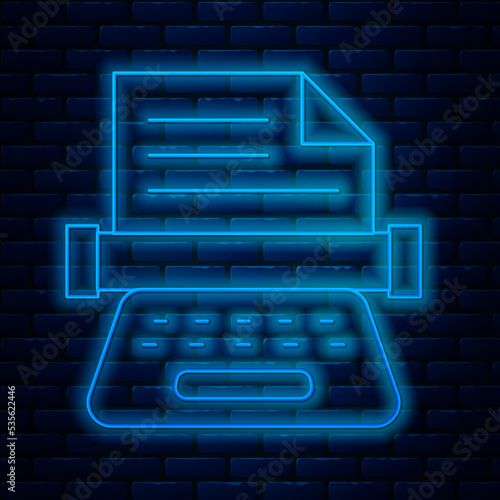 Glowing neon line Retro typewriter and paper sheet icon isolated on brick wall background. Vector