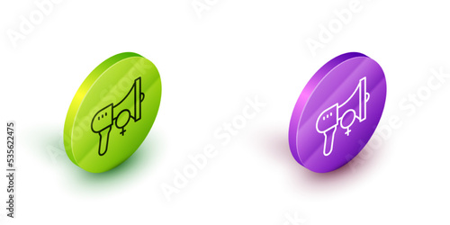 Isometric line Female movement, feminist activist with banner and placards icon isolated on white background. Feminist rights movement, feminism sisterhood. Green and purple circle buttons. Vector