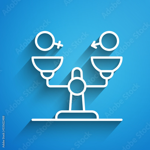 White line Gender equality icon isolated on blue background. Equal pay and opportunity business concept. Long shadow. Vector