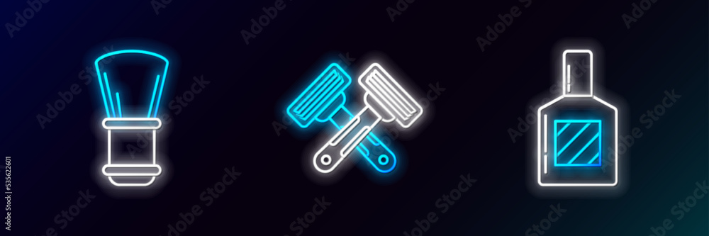 Fototapeta premium Set line Aftershave, Shaving brush and Crossed shaving razor icon. Glowing neon. Vector