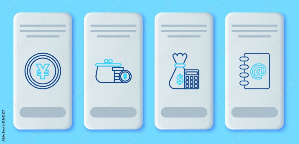Set line Wallet with coins, Calculator money bag, Coin Yen symbol and Address book icon. Vector Set line Wallet with coins, Calculator money bag, Coin Yen symbol and Address book icon. Vector