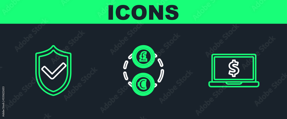 Set line Laptop with dollar symbol, Shield check mark and Money exchange icon. Vector Set line Laptop with dollar symbol, Shield check mark and Money exchange icon. Vector