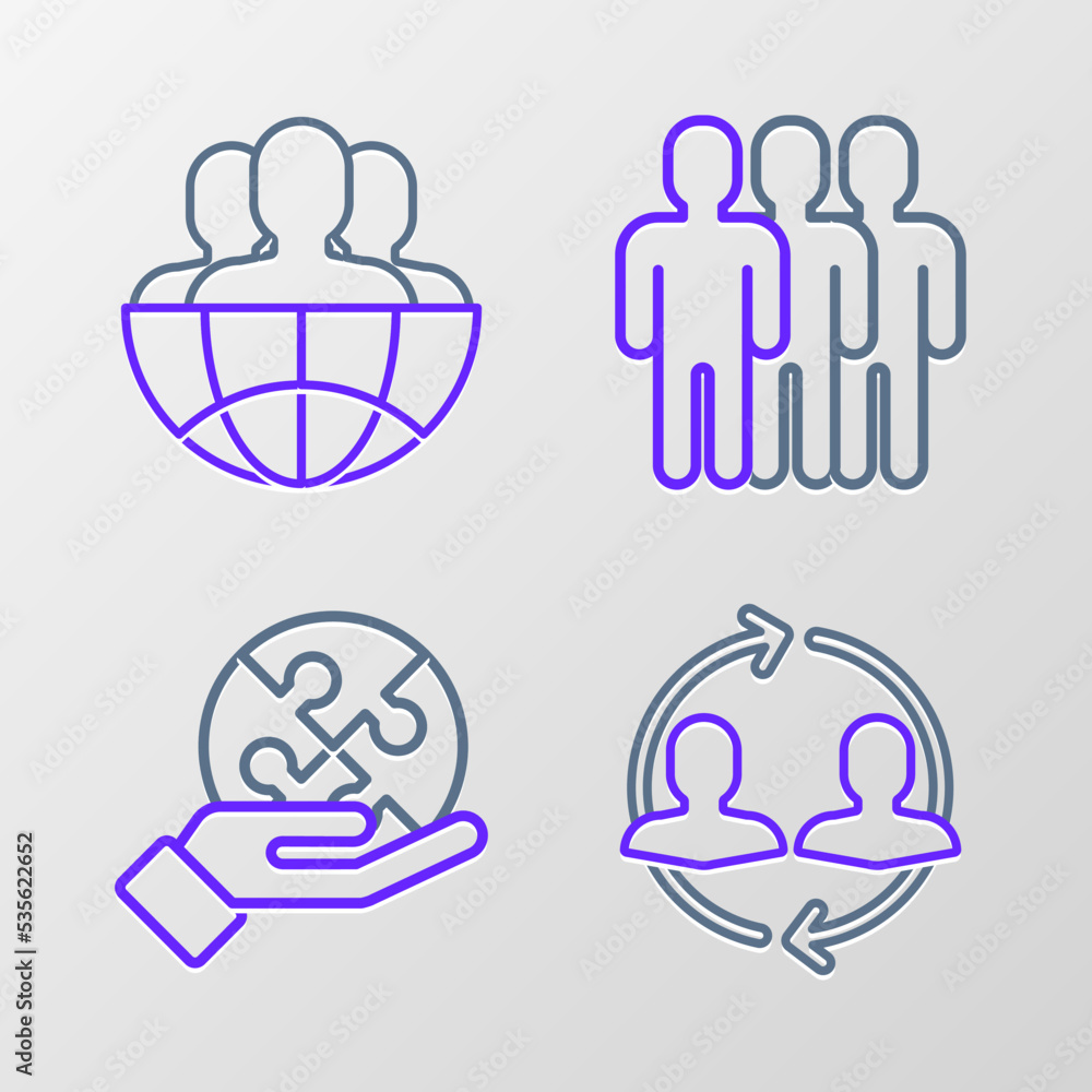 Set line Human resources, Piece of puzzle in hand, Users group and Globe people icon. Vector Set line Human resources, Piece of puzzle in hand, Users group and Globe people icon. Vector