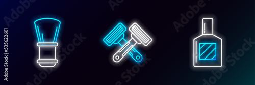 Set line Aftershave, Shaving brush and Crossed shaving razor icon. Glowing neon. Vector