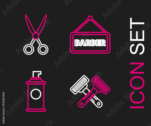 Set line Crossed shaving razor, Shaving gel foam, Barbershop and Scissors hairdresser icon. Vector