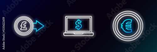 Set line Coin money with euro symbol, pound sterling and Laptop dollar icon. Glowing neon. Vector