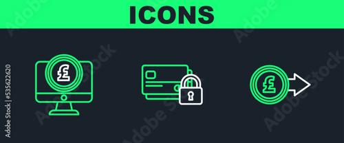 Set line Coin money with pound sterling symbol, Computer monitor and Credit card lock icon. Vector
