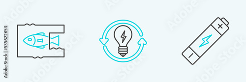Set line Battery, Stop ocean plastic pollution and Recycle and light bulb with lightning symbol icon. Vector