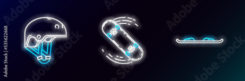 Set line Snowboard, Helmet and Skateboard trick icon. Glowing neon. Vector