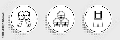 Set line Lederhosen, Glass of beer and Wooden barrel on rack with stopcock icon. Vector