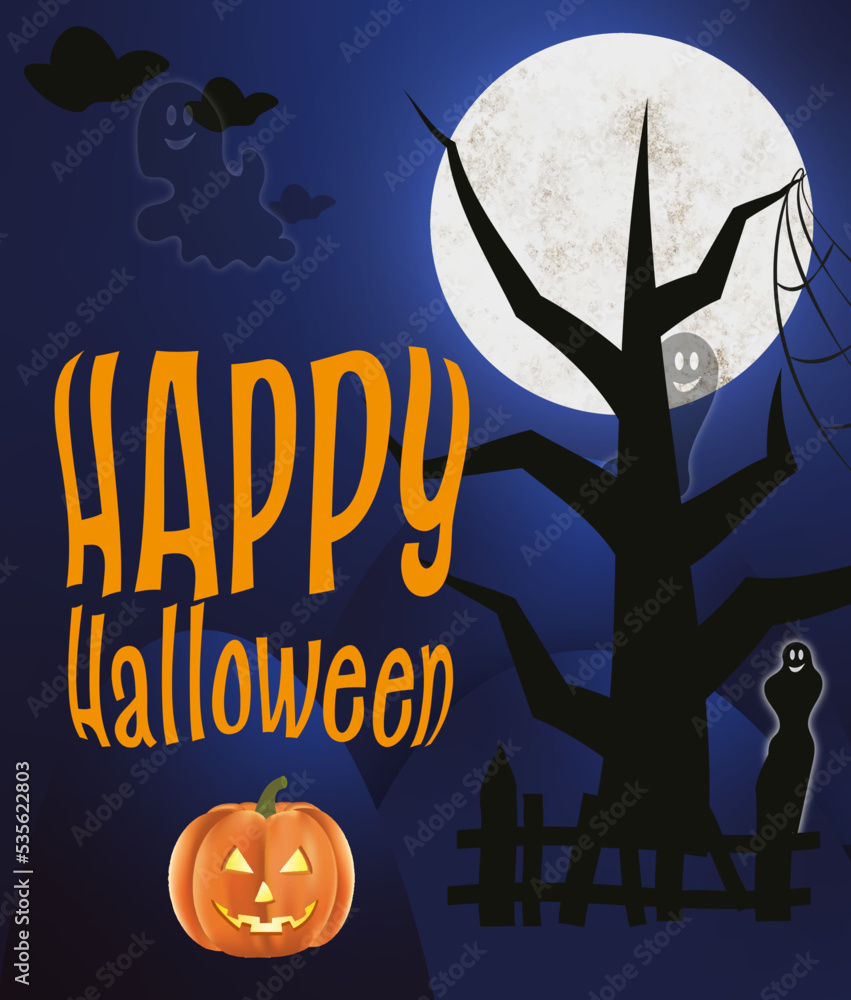 happy halloween plakat pocztówka księżyć północ wiedźma czary magia domki drzewo straszyć duch straszny - obrazy, fototapety, plakaty 