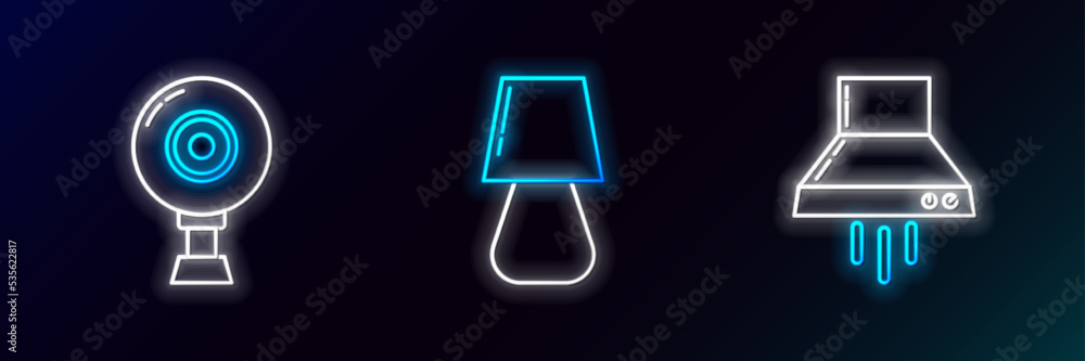 Set line Kitchen extractor fan, Web camera and Table lamp icon. Glowing neon. Vector Set line Kitchen extractor fan, Web camera and Table lamp icon. Glowing neon. Vector
