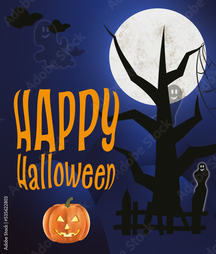 happy halloween plakat pocztówka księżyć północ wiedźma czary magia domki drzewo straszyć duch straszny