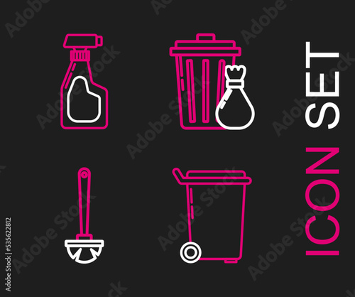 Set line Trash can  Toilet brush  and garbage bag and Cleaning spray bottle with detergent liquid icon. Vector