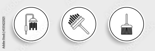 Set line Handle broom, Shower head with water drops flowing and Squeegee, scraper, wiper icon. Vector