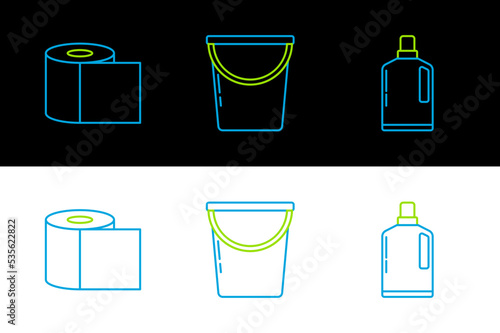 Set line Plastic bottles for liquid dishwashing liquid, Toilet paper roll and Bucket icon. Vector