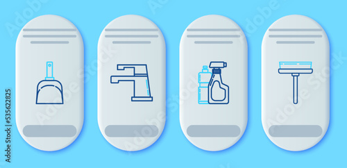 Set line Water tap, Plastic bottles for liquid dishwashing liquid, Dustpan and Squeegee, scraper, wiper icon. Vector