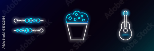 Set line Guitar, Grilled shish kebab and Popcorn in cardboard box icon. Glowing neon. Vector