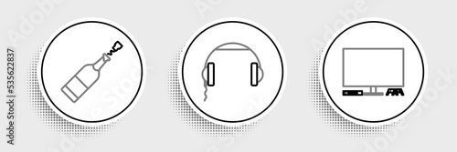 Set line Video game console, Champagne bottle and Headphones icon. Vector