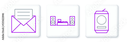 Set line Beer can, Envelope with invitation card and Home stereo two speakers icon. Vector
