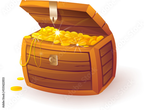 Chest with gold, pirate open treasure chest with golden coins for gaming or kids design. Wealth and fortune icon, magic fairytale and adventure symbol. Detailed vector isolated clipart.